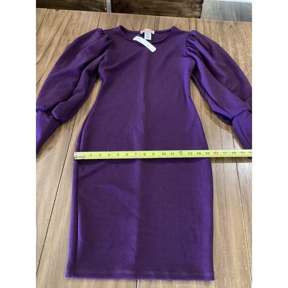 Karen T Design Balloon Long Sleeve Midi mini bodycon fitted Dress Purple S NWT - Picture 6 of 10